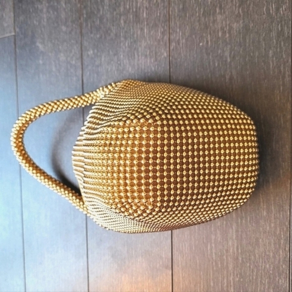 Women Ball Mesh Wristlet Yellow Gold Pouch Handle Bag Glitter Triangle Clutch - Picture 5 of 7